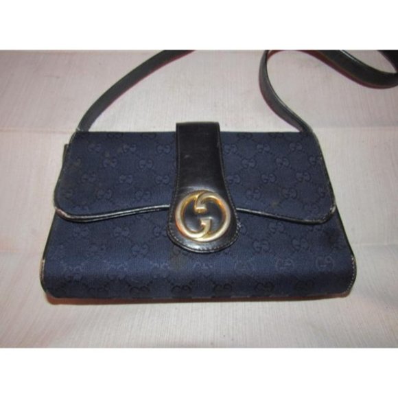 Gucci RARE BOHO Deep Blue 2-Way Clutch G Logo Print Canvas & Black Leather - Picture 5 of 12